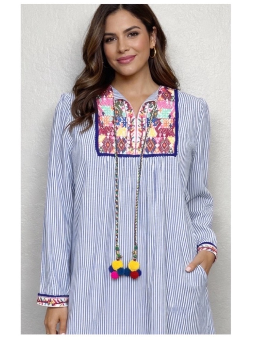 Striped Embroidered Boho Tunic Dress with Pom Tassels - Blue & Multicolor